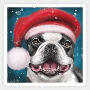 Painting of a Happy Boston Terrier Wearing a Santa Hat and Smiling on a Snowy Night Background Sticker